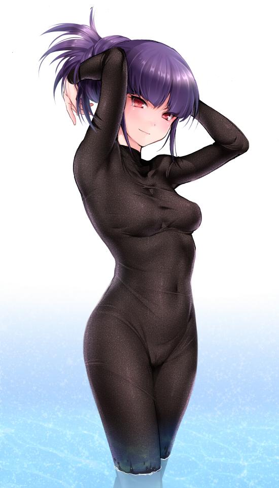 :) armpits arms_up blush bodysuit breasts curvy female hips hourglass_figure navel pokemon purple_hair red_eyes smile tight_clothing water wet wrapped