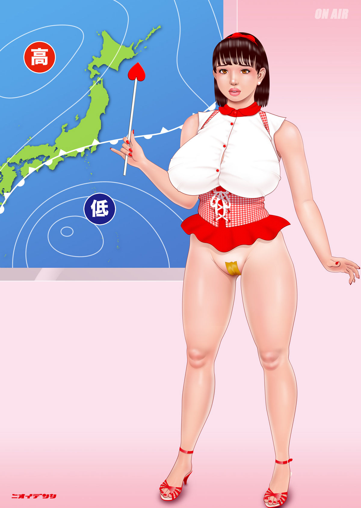 1girl blush bottomless bow breasts brown_eyes brown_hair curvy earrings eyeshadow hair_bow hair_ornament hairband high_heels highres holding huge_breasts japan jewelry legs lips makeup map nail_polish nioi_denshi pointer shoes short_hair skirt solo standing tape weather