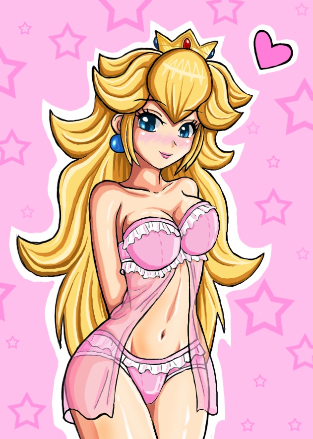 1_girl 1girl arm arms arms_behind_back art babe bare_legs bare_shoulders big_breasts blonde blonde_hair blue_eyes blush breasts cleavage collarbone crown earrings female gem heart high_res highres jewelry large_breasts legs lingerie lips lipstick long_hair looking_at_viewer mario_(series) midriff navel neck nightgown nintendo panties pink_background pink_lipstick pink_panties princess princess_peach see-through smile solo star strapless super_mario_bros. sweetcandyrain
