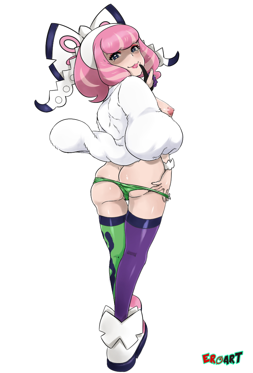 1_girl 1girl ass female female_human female_only green_panties human klara_(pokemon) kneepits looking_at_viewer looking_back mole mole_under_mouth no_bra panties partially_clothed pokemon pokemon_sword_&amp;_shield sideboob solo stockings white_background