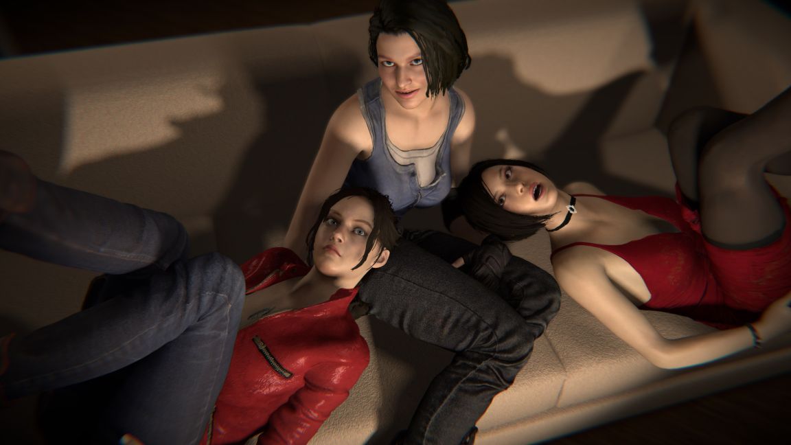 3_girls 3d ada_wong bare_shoulders before_sex black_gloves black_stockings brown_hair claire_redfield cleavage closed_mouth clothed couch dress gloves jacket jeans jill_valentine light-skinned light-skinned_female light_skin long_hair looking_at_another looking_at_viewer looking_up medium_hair necklace open_eyes open_mouth pants ponytail red_dress red_jacket resident_evil resident_evil_2_remake resident_evil_3_remake sexy sfw shirt shoulders sitting stockings teeth video_game video_game_character video_game_franchise video_games