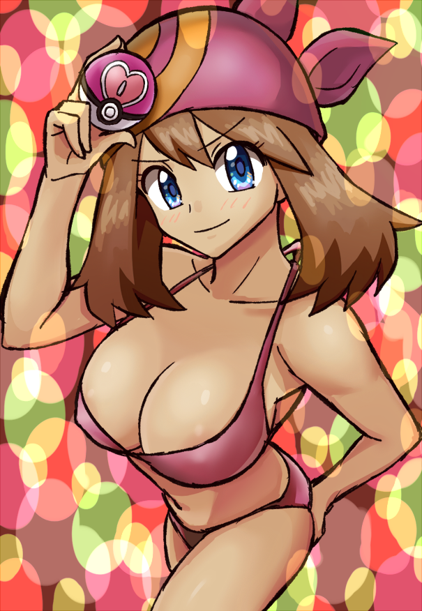 1girl alluring alternate_costume arm_behind_back bandana bare_arms bare_legs bare_shoulders big_breasts bikini blue_eyes blush breasts brown_hair cleavage closed_mouth collarbone creatures_(company) female_focus game_freak hair_between_eyes hand_up holding holding_poke_ball legs looking_at_viewer love_ball may may_(pokemon) multicolored_background nakaba navel neck nintendo pink_bandanna pink_bikini poke_ball pokemon pokemon_rse short_hair sideboob smile standing swimsuit