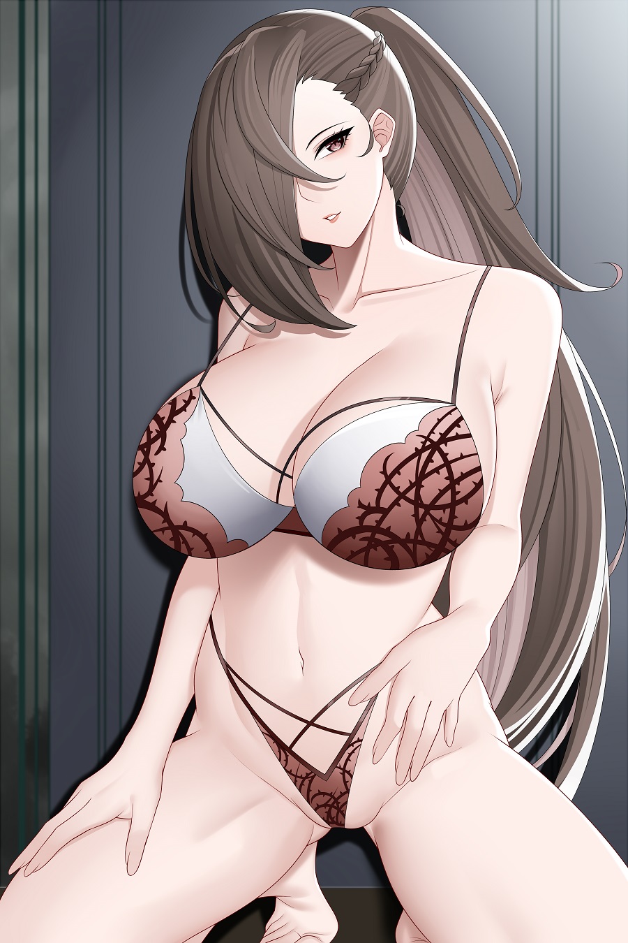 1girl 1girl 1girl alluring aslind_samure aslindsamure ass_visible_through_thighs bare_shoulders bare_thighs barefoot big_breasts bra breasts brown_eyes brown_hair brown_panties cleavage collarbone female_only fire_emblem fire_emblem_fates grin hair_over_one_eye kagero_(fire_emblem) long_hair looking_at_viewer nintendo ponytail shoulders smile squatting thighs underwear very_long_hair