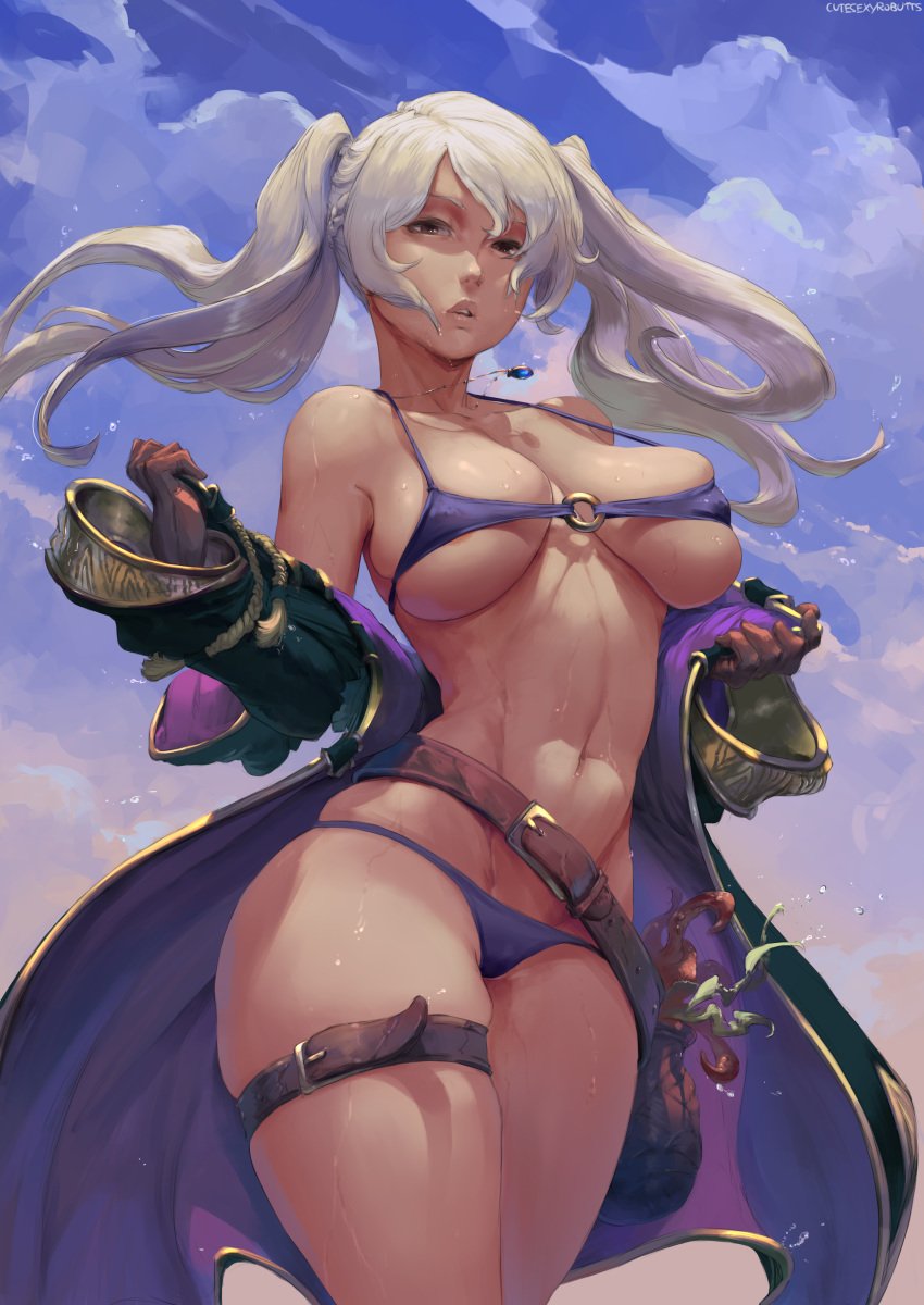 1girl alluring athletic_female big_breasts bikini breast_press cleavage curvy cutesexyrobutts female_abs female_only female_protagonist fire_emblem fire_emblem_awakening fire_emblem_heroes fit_female nintendo purple_bikini robin_(female)_(summer)_(fire_emblem) robin_(fire_emblem) robin_(fire_emblem)_(female) robin_(summer)_(fire_emblem)_(female) standing thick_thighs thighs twin_tails under_boob voluptuous white_hair wide_hips