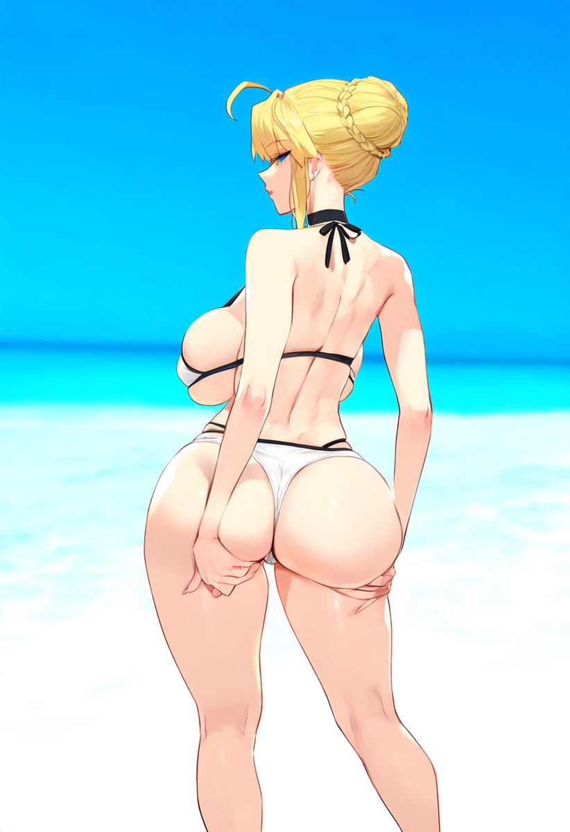 1girl ai_generated artoria_pendragon ass beach big_ass big_breasts bikini breasts dat_ass dclp fate/grand_order fate_(series) from_behind grabbing_own_ass huge_ass huge_breasts inviting_to_sex looking_at_viewer looking_back pov_eye_contact provocative suggestive teasing_viewer