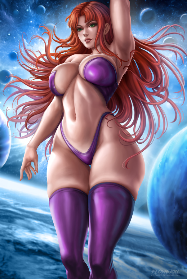 1girl armpit artist_logo artist_signature bikini boots breasts brown_lipstick cleavage dc_comics feet female_only flowerxl front_view green_eyes huge_breasts in_space koriand'r light-skinned_female light_skin looking_at_viewer midriff new_52 off_the_ground older older_female planets purple_high_heels purple_panties space space_background starfire stockings tamaranean teen_titans thick_thighs very_long_hair young_adult young_adult_female young_adult_woman