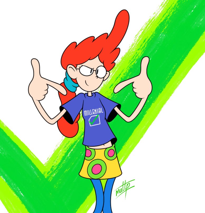 1girl 1girl clothed disney mattyprower pepper_ann pepper_ann_pearson pointing_at_breasts shirt standing
