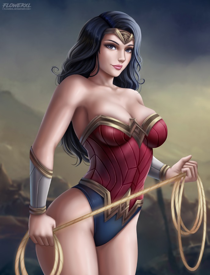 1girl black_hair blue_eyes breasts cleavage dc_comics diana_prince female_only flowerxl lasso_of_truth light-skinned_female light_skin looking_at_viewer pinup wonder_woman wonder_woman_(series)