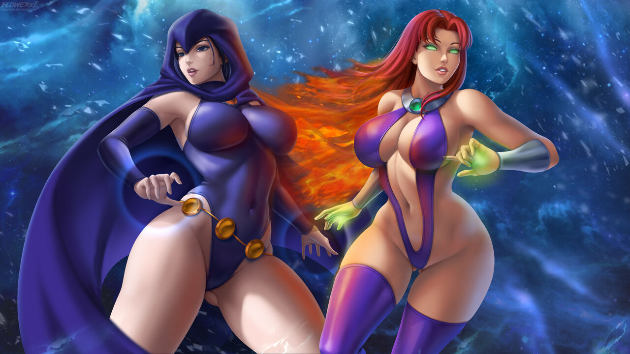 1girl 2_girls 5_fingers alien alien_girl alternate_version_available belly_button belt big_breasts blue_eyes blue_hair bracelet bracelets breasts cape cartoon_network cleavage clothed clothed_female clothes clothing collar color colored cosplay curvaceous curvy curvy_figure dark_hair dc_comics eyelashes female_only flowerxl glowing_eyes green_eyes grin hair happy hood hourglass_figure humanoid koriand'r leotard lesbian_couple long_hair looking_away multiple_females multiple_girls navel no_bra no_panties no_underwear older older_female open_eyes orange_skin outfit pale pale-skinned_female rachel_roth raven_(dc) red_hair revealing_clothes simple_background skimpy_clothes sling_bikini smile smooth_skin starfire stockings superheroine swimsuit tamaranean teen_titans teeth thick_thighs thin_waist tight_clothing uncensored uniform very_long_hair voluptuous wide_hips young_adult young_adult_female young_adult_woman