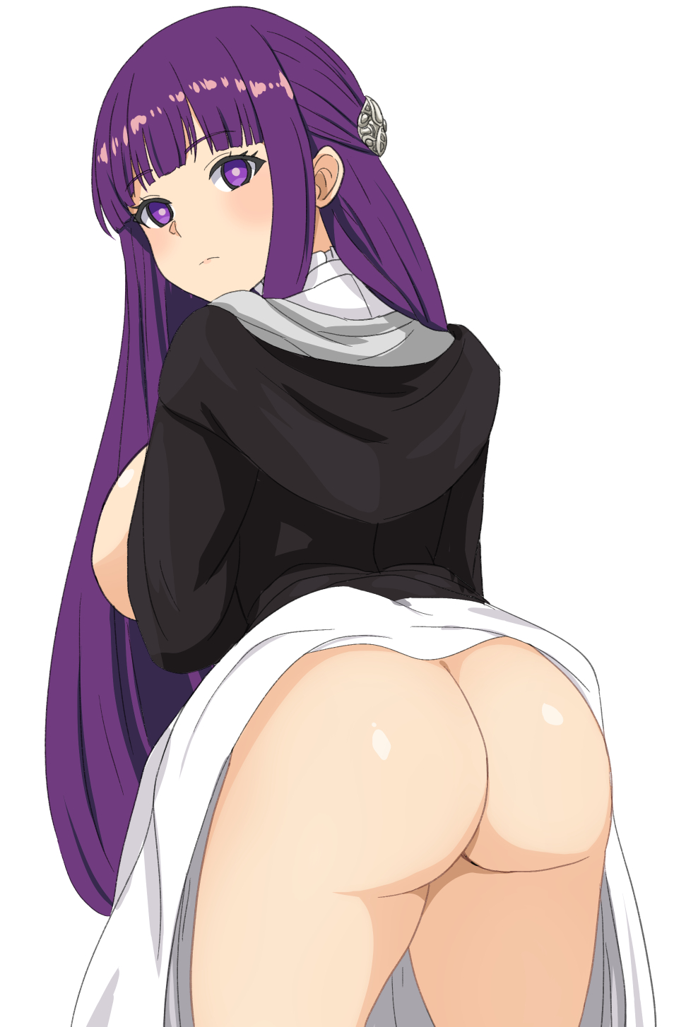 1girl ass ass_focus bangs breasts clothing fern_(sousou_no_frieren) looking_at_viewer looking_back purple_hair simple_background skirt_lift sousou_no_frieren tagme