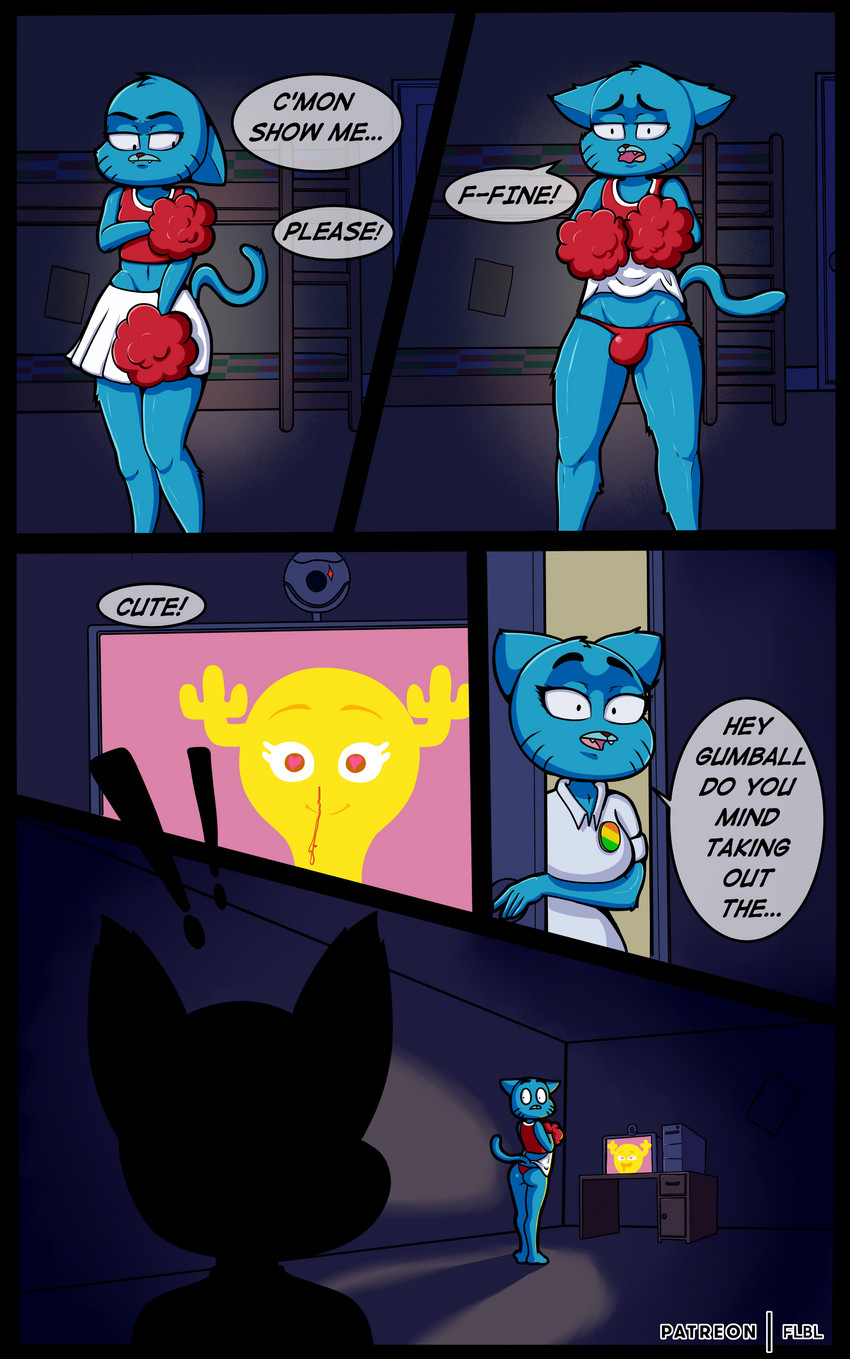 &lt;3 &lt;3_eyes 1girl absurd_res anthro bulge cartoon_network cheerleader clothed clothing comic comic_page crossdressing dialogue domestic_cat english_text felid feline felis flbl furry futaloliisbest group gumball_watterson high_res male male/female mammal nicole_watterson penny_fitzgerald text the_amazing_world_of_gumball underwear v-cut
