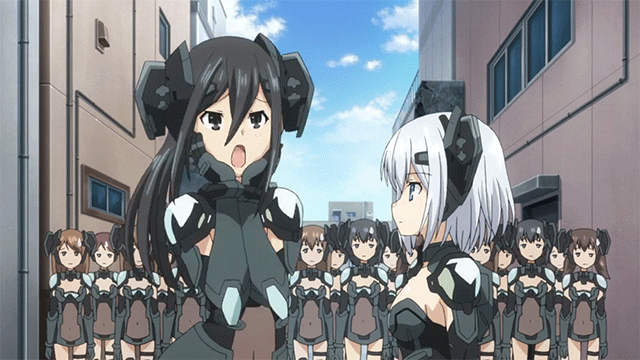 6+girls age_difference animated animated_gif anime armor black_eyes black_hair blue_eyes bodysuit breasts building cloud date_a_live female gif hair_between_eyes hair_ornament height_difference kusakabe_ryouko long_hair multiple_girls open_mouth origami_tobiichi ryouko_kusakabe short_hair sky standing sweatdrop tobiichi_origami white_hair