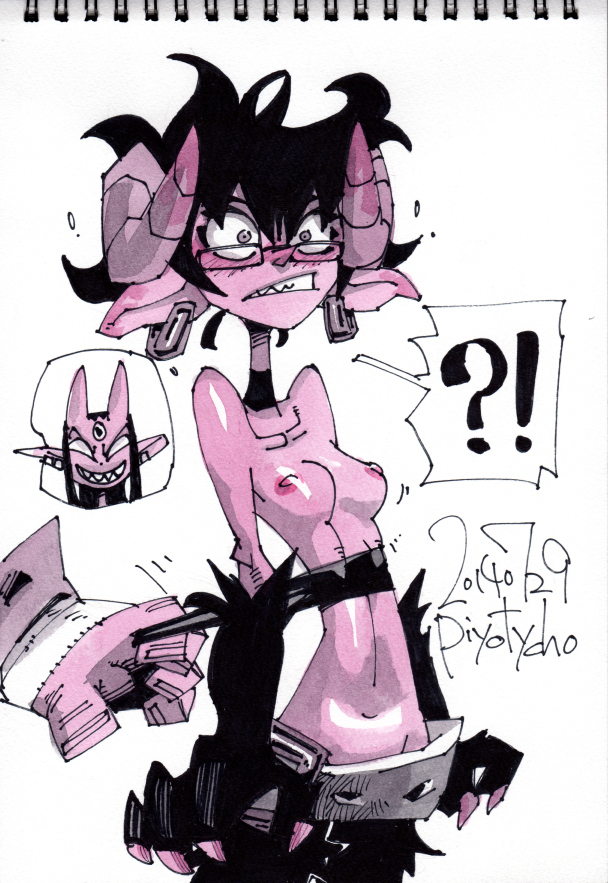 assisted_exposure demon embarrassing funny glasses horns nipples piyotycho red_skin small_breasts