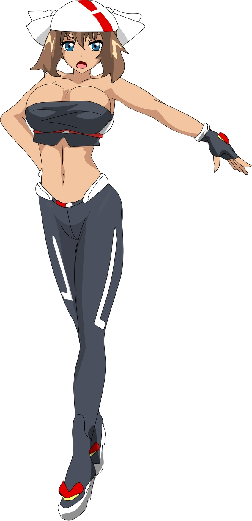 alluring athletic_female bandanna crop_top fallere825 female_abs fingerless_gloves fit_female may may_(pokemon) pants pin_up pokemon pokemon_(anime) workout_clothes