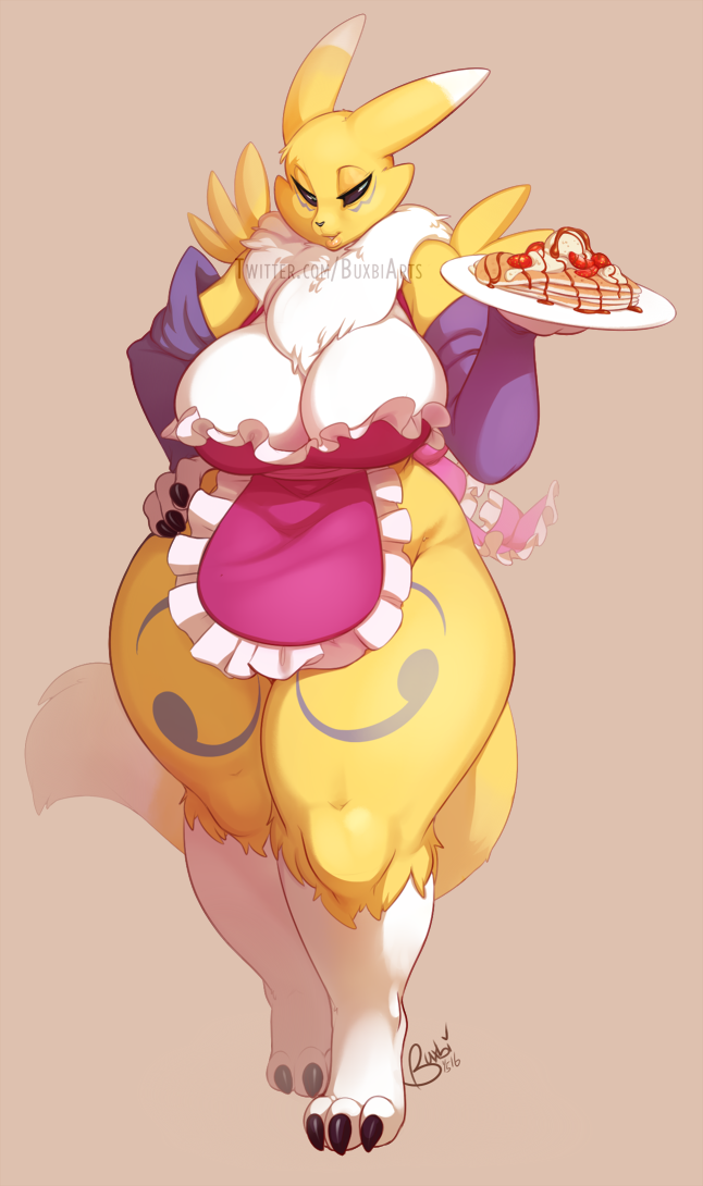 1girl 1girl 2016 anthro big_breasts breasts buxbi cleavage clothed clothing digimon food furry mature_female renamon