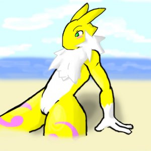1_girl 3_fingers anthro anthro_canine anthro_fox anthro_vixen arm_warmers beach canine detached_sleeves digimon fox fur furry green_eyes lowres nude outdoors outside public pussy renamon sitting solo toei_animation vixen white_fur yellow_fur yin_yang