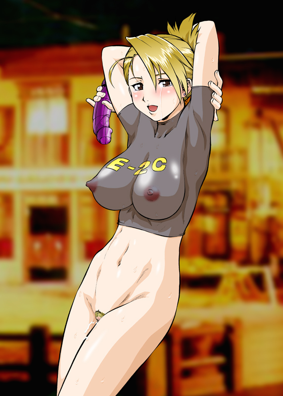 armpit arms_up blonde_hair blush bottomless breasts brown_eyes clothes_writing clothing_writing dildo erect_nipples fullmetal_alchemist hair hair_up horny impossible_clothes impossible_clothing impossible_shirt lips navel nipples pubic_hair pussy riza_hawkeye see-through shirt solo sweat t-shirt tears