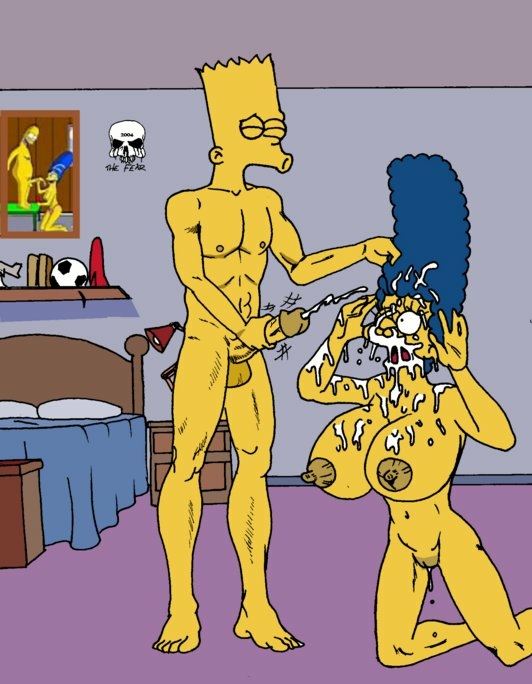 aged_up bart_simpson blue_hair cum_in_mouth dark_areolae facial huge_breasts incest kneeling marge_simpson masturbation mother_&amp;_son pussy the_fear the_simpsons yellow_skin