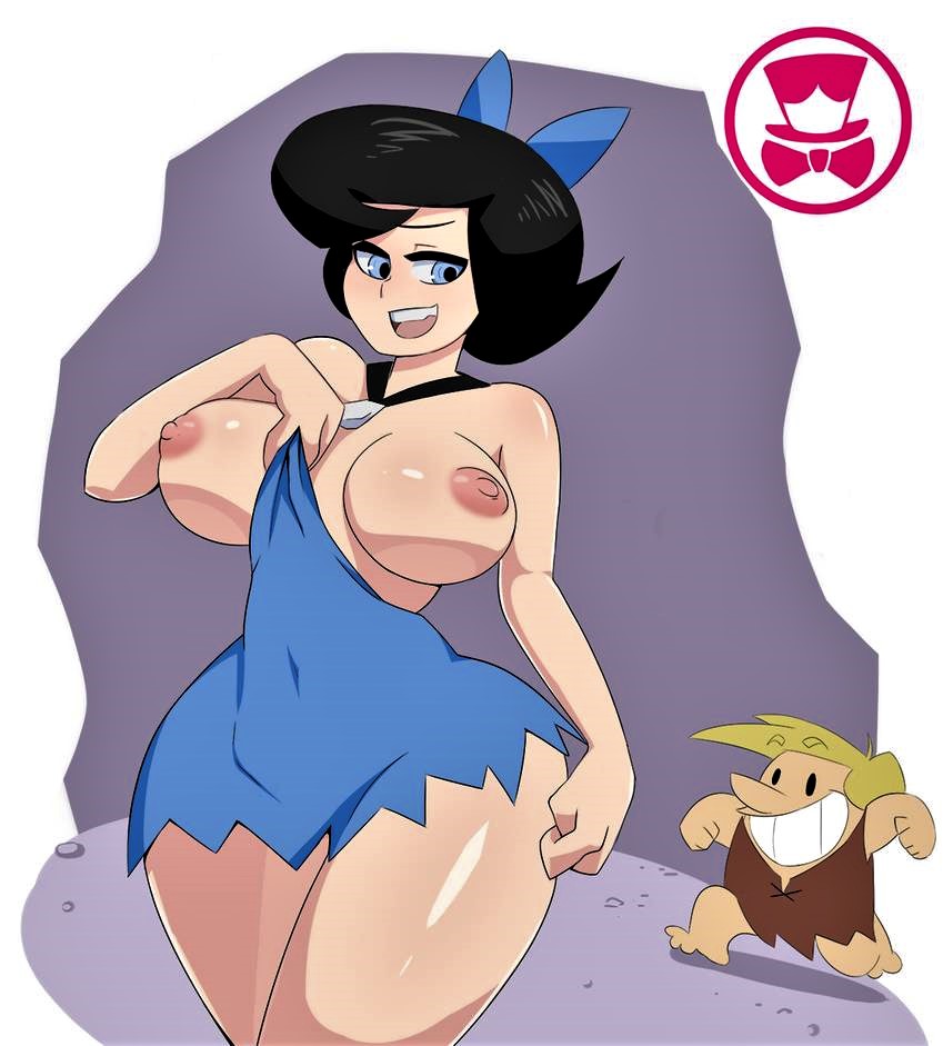 1boy 1girl barney_rubble betty_rubble big_breasts black_hair breast_out_of_clothes breasts brunette clothed dress exposed_breasts female flashing large_areolae male nipples the_flintstones thighs