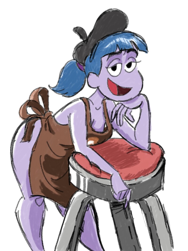 1girl apron_only artist_request big_city_greens blue_hair disney disney_channel female_only gloria_sato looking_at_viewer naked_apron purple_skin stool