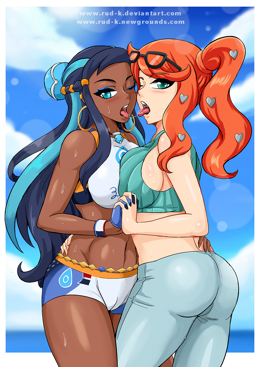 1girl 2_girls ass bare_arms bare_legs bare_shoulders big_breasts black_hair blue_eyes blue_hair blush breast_press breasts cloud couple dark-skinned_female dark_skin day duo earrings female_only french_kiss green_eyes gym_leader hair_bun holding_hands hoop_earrings interlocked_fingers interracial jewelry kissing large_ass light_blue_hair long_hair looking_at_viewer midriff multiple_girls mutual_yuri navel nessa_(pokemon) nintendo one_eye_closed open_mouth orange_hair outside pants pokemon pokemon_(anime) pokemon_(game) pokemon_sword_&amp;_shield ponytail rud-k saliva saliva_trail side_ponytail sky sonia_(pokemon) standing sweat thick_thighs thighs tied_hair tongue tongue_out wink yuri