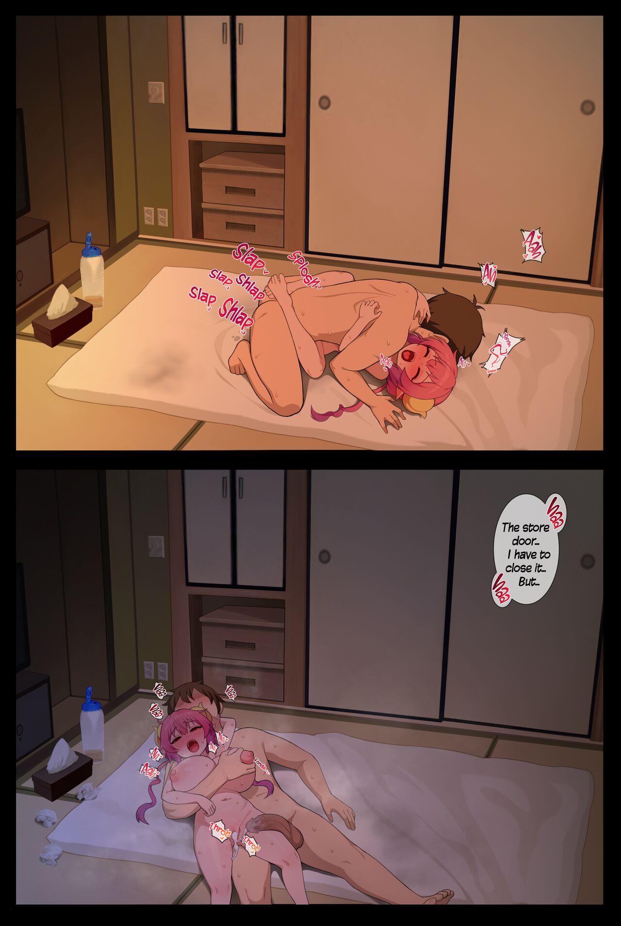 big_penis breasts_out_of_clothes comic futon grimgrim horns ilulu_(dragon_maid) male/female mating_press pink_hair sex tagme taketo_(dragon_maid) tatami text text_bubble tissue_box