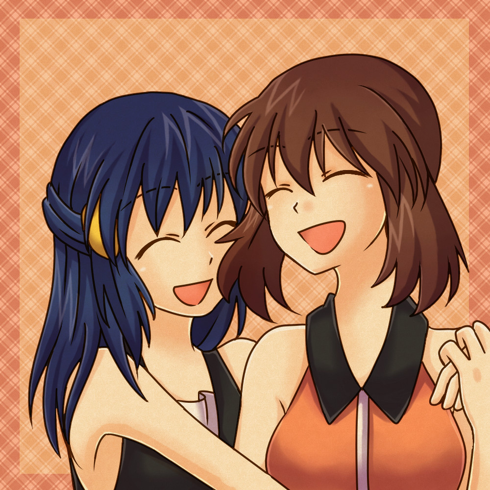 2girls absurd_res absurdres arm arms art artist_request babe bare_shoulders black_dress blue_hair brown_hair camisole closed_eyes collared_shirt dawn dress female friends game_freak hair_between_eyes hair_ornament hand_holding happy haruka_(pokemon) haruka_(pokemon_emerald) hikari_(pokemon) hug hugging humans_of_pokemon laugh laughing long_hair love may_(pokemon) multiple_girls neck nintendo no_hat pokemon pokemon_(anime) pokemon_(game) pokemon_diamond_pearl_&amp;_platinum pokemon_dppt pokemon_rse shirt short_hair sleeveless sleeveless_dress sleeveless_shirt smile v-neck yuri