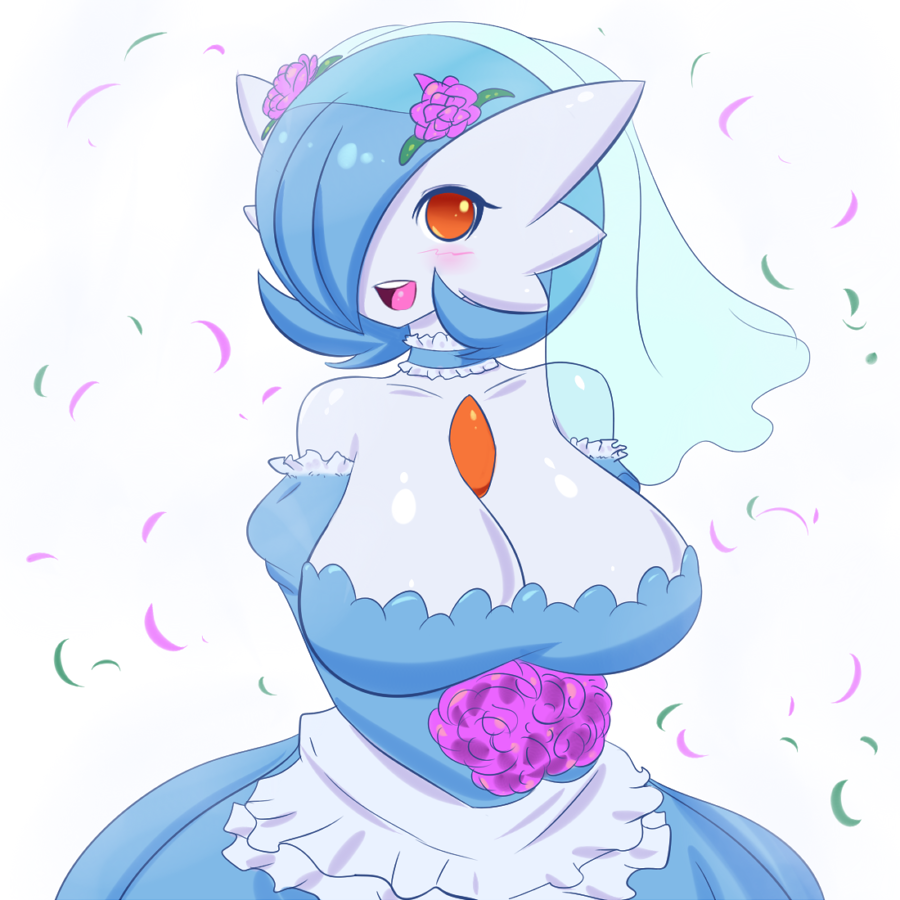 1girl alternate_color bangs bare_shoulders blue_hair blush bouquet breasts choker cleavage collarbone dress female flower gardevoir hair_flower hair_ornament hair_over_one_eye huge_breasts jcdr large_breasts looking_at_viewer lucy_(jcdr) one_eye_covered open_mouth orange_eyes pokemon shiny shiny_pokemon shiny_skin short_hair sidelocks simple_background smile solo upper_body wedding_dress white_background