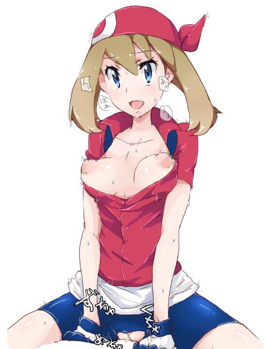 1_girl 1girl areolae arm arms art babe bandana bandanna bike_shorts blue_eyes breasts breasts_apart breasts_out breasts_outside brown_hair clothed_sex collarbone collared_shirt cowgirl_position female game_freak gloves haruka_(pokemon) humans_of_pokemon may_(pokemon) neck nintendo nipples open_clothes open_mouth pokemon pokemon_(anime) pokemon_(game) pokemon_diamond_pearl_&amp;_platinum pokemon_dppt pokemon_rse puffy_nipples sex shirt short_hair simple_background sitting sitting_on_person solo solo_focus straddle straddling sweat sweating text torn_bike_shorts torn_clothes torn_shorts uncensored vaginal white_background wigglytuff_(pokeacc)