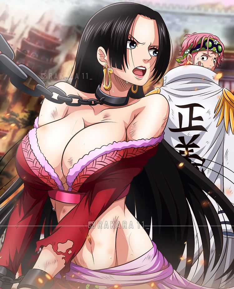1girl big_breasts black_eyes black_hair boa_hancock breasts captured chains clothed_female defeated defeated_heroine island koby_(one_piece) long_hair male male/female marine mature mature_female one_piece prisoner rakara11 red_clothing sea solo_female tagme