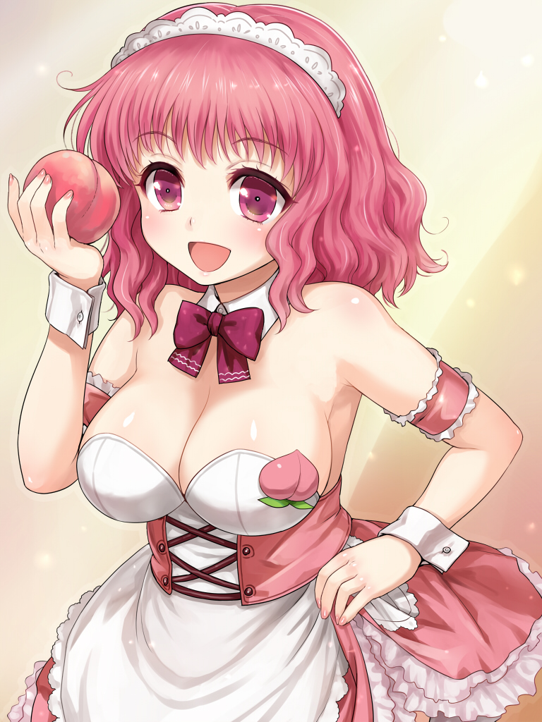 1_girl 1girl :d arm armband armlet arms art artist_request babe bare_shoulders big_breasts blush bow bowtie breasts cleavage detached_collar dress dress_hold dress_lift female food fruit happy headdress high_res highres holding large_breasts looking_at_viewer maid maid_headdress nail_polish neck open_mouth peach pink_eyes pink_hair red_bow red_bowtie shiny shiny_hair shiny_skin short_hair skirt smile solo strapless strapless_dress tail waitress wrist_cuffs