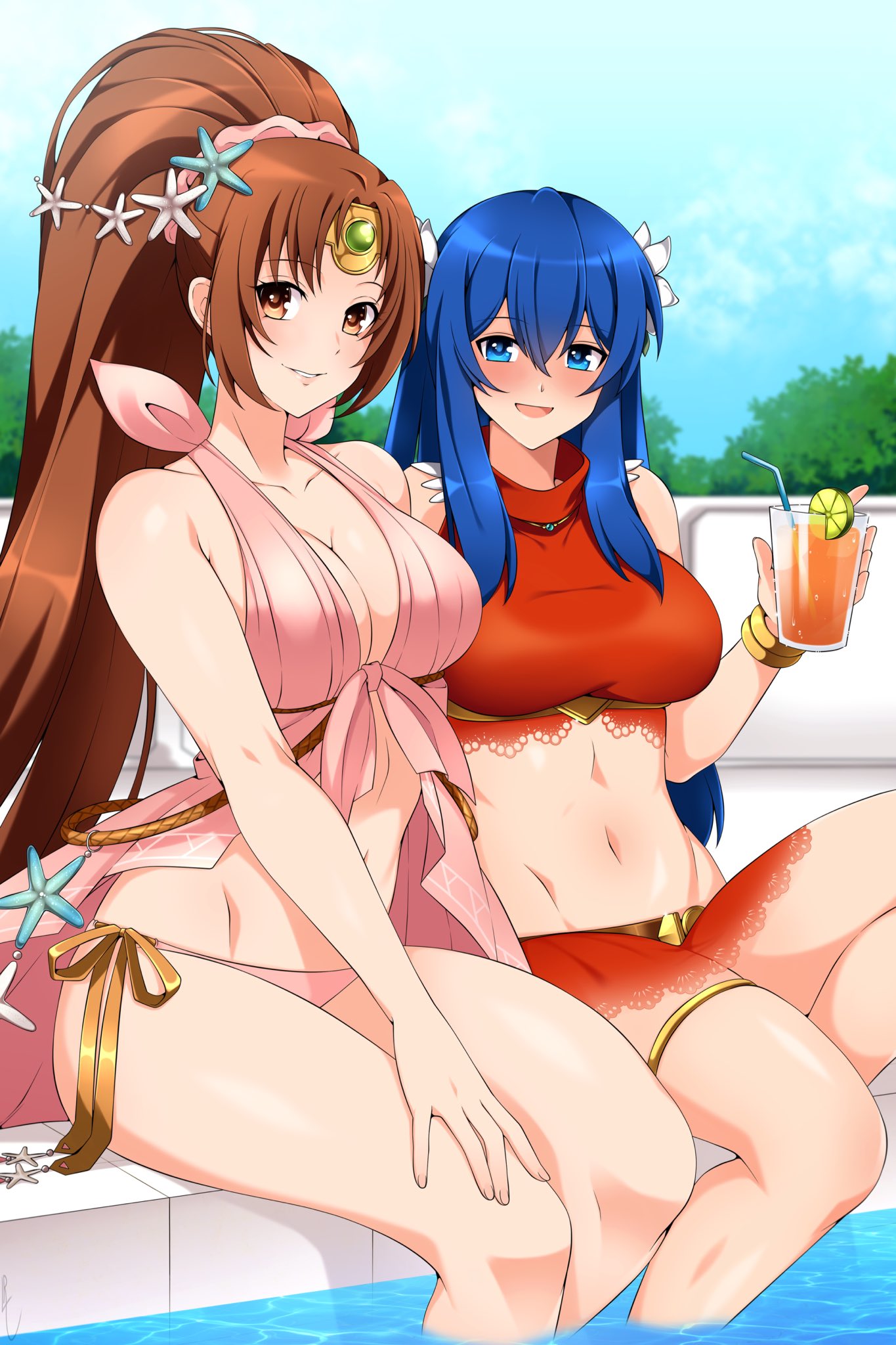 2_girls 2girls alluring alternate_costume big_breasts bikini blue_eyes blue_hair blurry blurry_background blush bow bracelet breasts brown_eyes brown_hair caeda_(fire_emblem) caeda_(summer)_(fire_emblem) circlet cleavage cloud cloudy_sky collarbone cup drinking_glass drinking_straw female_focus female_only fire_emblem fire_emblem:_mystery_of_the_emblem fire_emblem_heroes flower food fruit hair_between_eyes hair_flower hair_ornament halterneck high_res holding holding_cup jewelry lemon lemon_slice lindaroze linde_(fire_emblem) long_hair looking_at_viewer matching_hair/eyes midriff navel necklace nintendo official_alternate_costume pink_bikini pink_bow pool poolside red_bikini second-party_source shadow sidelocks sitting sky smile star_(symbol) star_hair_ornament swimming_pool swimsuit thigh_strap thighs turtleneck_swimsuit very_long_hair