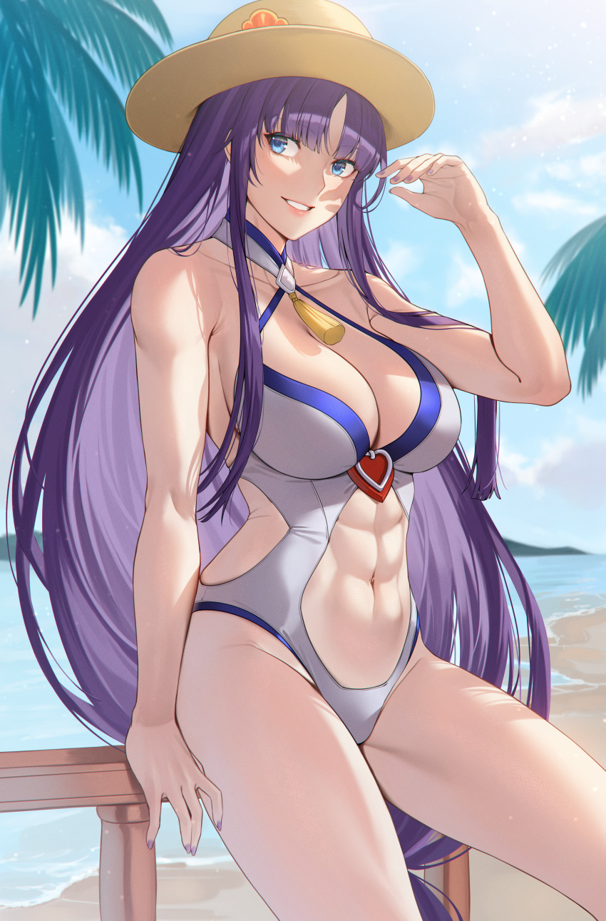 1girl abs absurd_res alluring altina_(fire_emblem) athletic_female beach big_breasts blue_eyes breasts clothing_cutout commission commissioner_upload covering_own_eyes criss-cross_halter day deras female_abs fire_emblem fire_emblem:_radiant_dawn fire_emblem_heroes fit_female grey_one-piece_swimsuit grin halterneck hat high_res long_hair looking_at_viewer neck_tassel nintendo non-web_source official_alternate_costume one-piece_swimsuit outside purple_hair railing sitting smile straw_hat swimsuit sword teeth very_long_hair weapon white_one-piece_swimsuit white_swimsuit