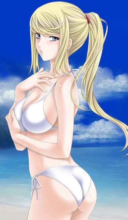 1girl ass beach bikini blonde breasts female looking_back metroid samus_aran solo tagme