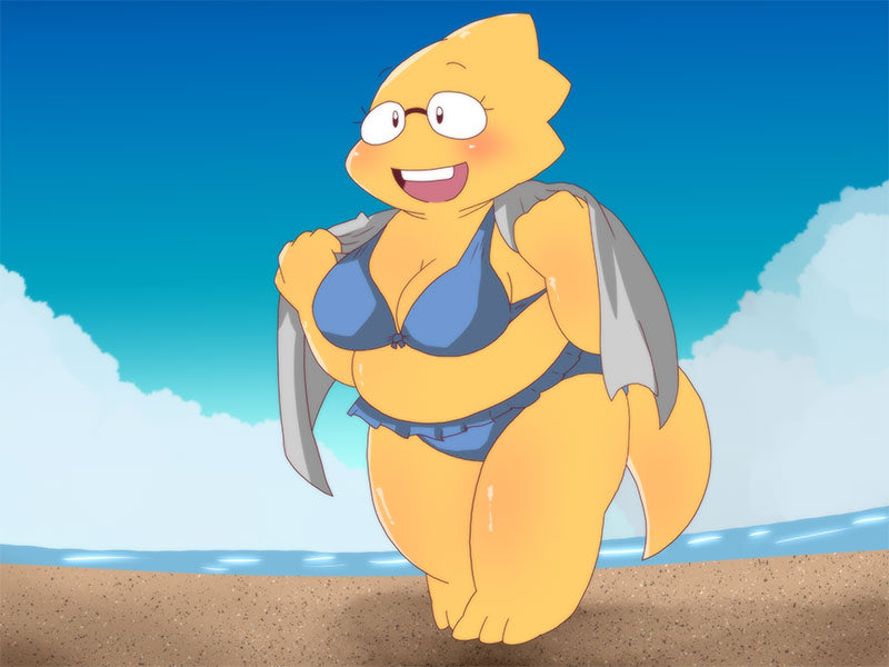 1_girl 1girl 2020 2020s adorable alphys alphys_(undertale) anthro anthro_only aruput aruput_ut beach big_breasts bikini breasts chubby chubby_anthro chubby_female cute female female_anthro female_only glasses lizard lizard_girl lizard_tail monster monster_girl non-mammal_breasts open_mouth reptile reptile_girl reptile_tail scalie sky smiling solo solo_anthro solo_female swimsuit tail towel undertale undertale_(series) yellow_body yellow_skin