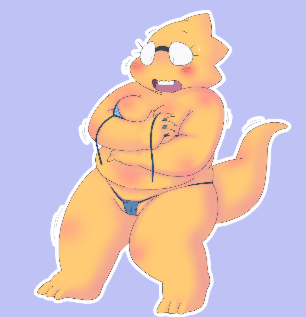1_girl 1girl 2020s 2021 adorable alphys alphys_(undertale) anthro anthro_only aruput aruput_ut barely_visible_genitalia big_breasts bikini blue_background blush breasts cameltoe chubby chubby_anthro chubby_female covering covering_breasts cute female female_anthro female_only glasses lizard lizard_girl lizard_tail micro_bikini monster non-mammal_breasts pussy pussy_peek reptile reptile_girl reptile_tail scalie simple_background solid_color_background solo solo_anthro solo_female swimsuit tail thong thong_bikini topless undertale undertale_(series) wardrobe_malfunction yellow_body yellow_skin