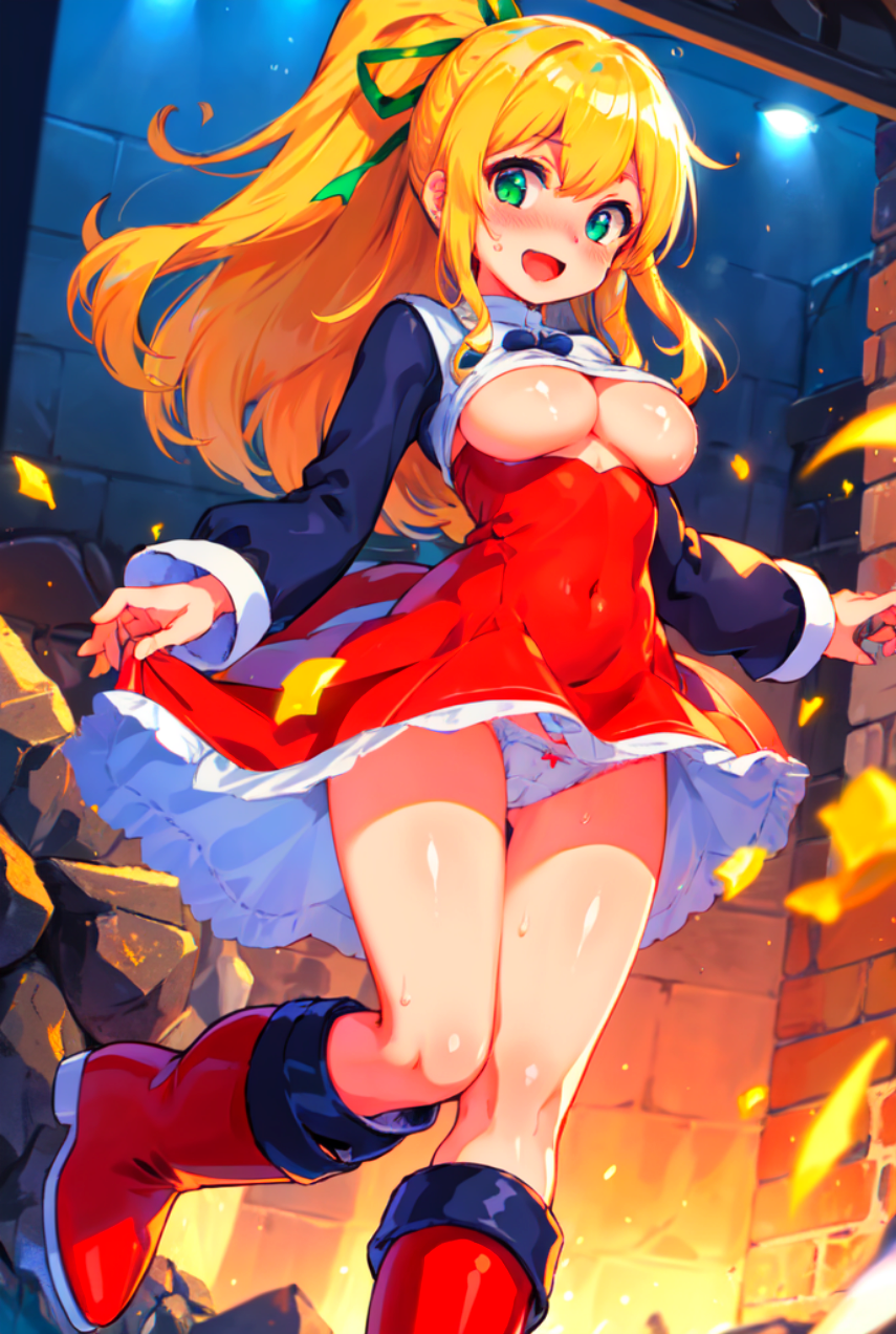 aged_up ai_generated blonde_hair breasts capcom dress_lift fire green_eyes panties ponytail ribbon rockman_(classic) roll_(rockman)
