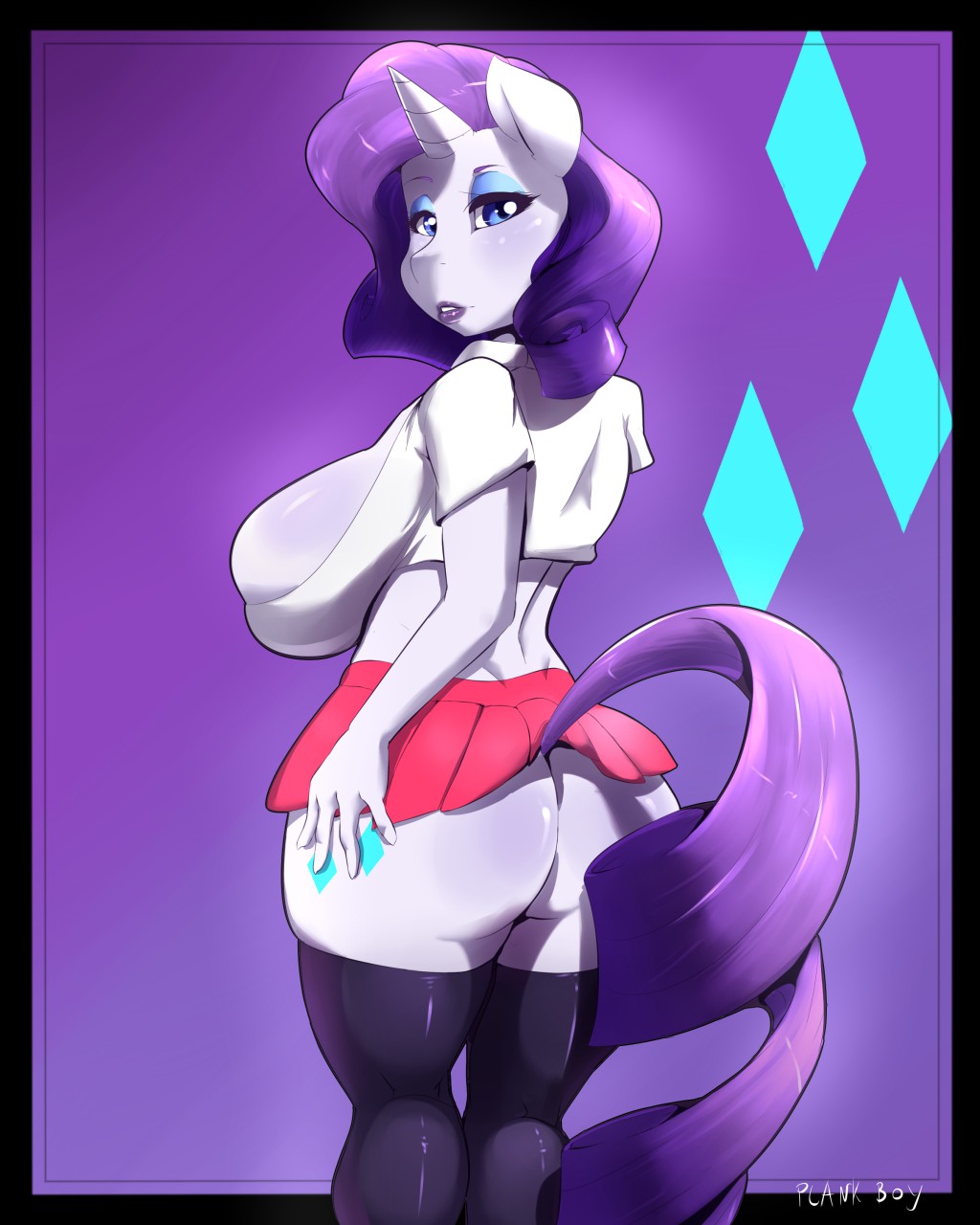 abstract_background anthro back_turned bedroom_eyes big_breasts blue_eyes blush breasts clothed clothing cutie_mark equine eyeshadow female friendship_is_magic fur furry hair hooves horn horse legwear lipstick looking_at_viewer looking_back makeup mammal my_little_pony plankboy pony presenting purple_hair raised_tail rarity school_uniform schoolgirl_uniform skirt solo standing stockings tail unicorn white_fur