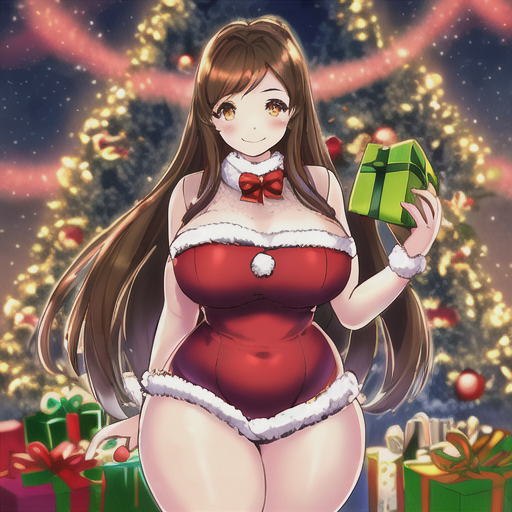 big_breasts brown_eyes brown_hair christmas christmas_outfit christmas_tree freckles gifts