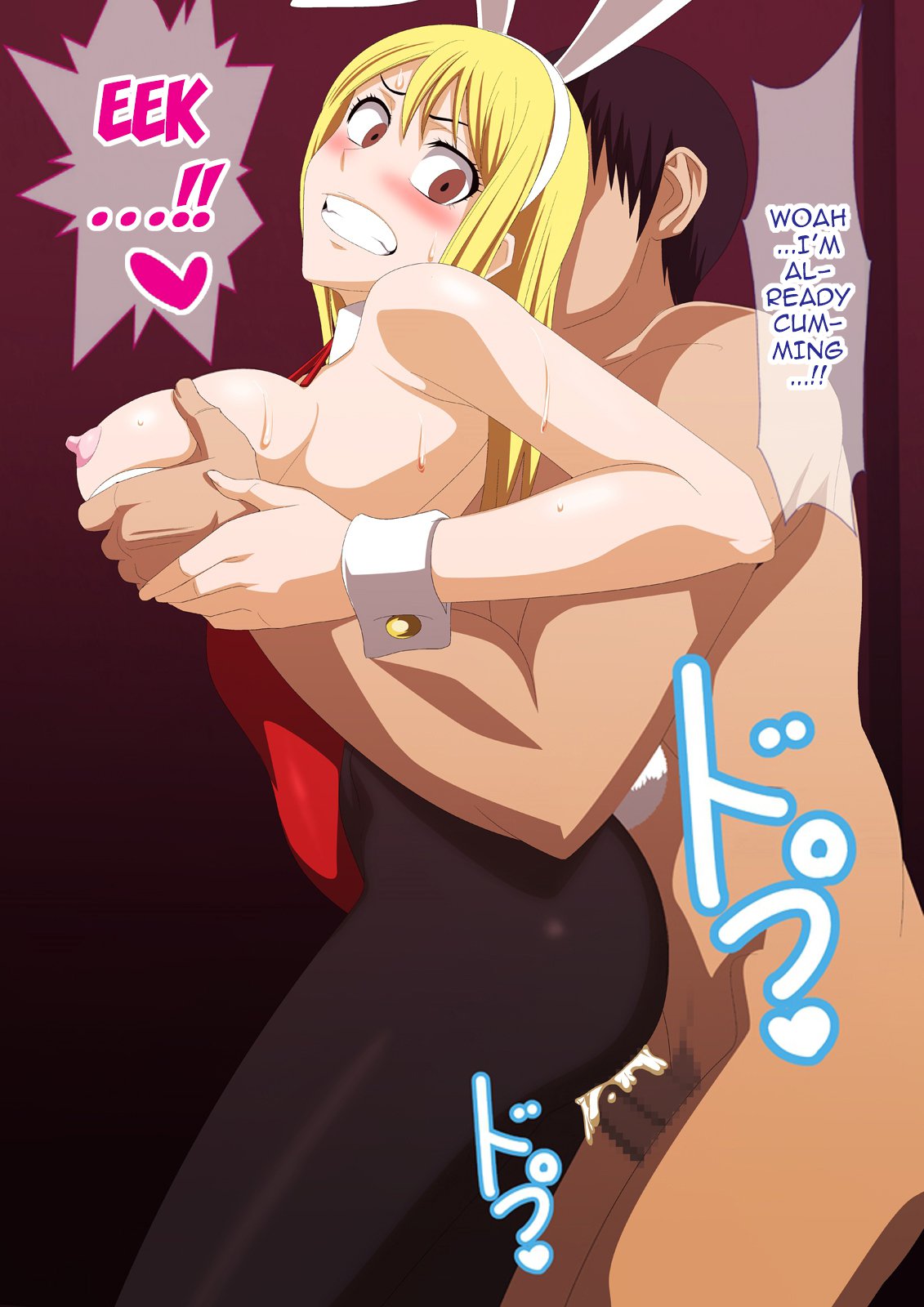 1boy 1girl ass big_breasts blonde_hair blush breast_grab breasts bunnysuit censored clenched_teeth clothing cum doggy_position erect_nipples erect_nipples_under_clothes fairy_tail female high_resolution lime_(purple_haze) lucy_heartfilia male male/female nakadashi nipples penis sex taken_from_behind teeth vaginal