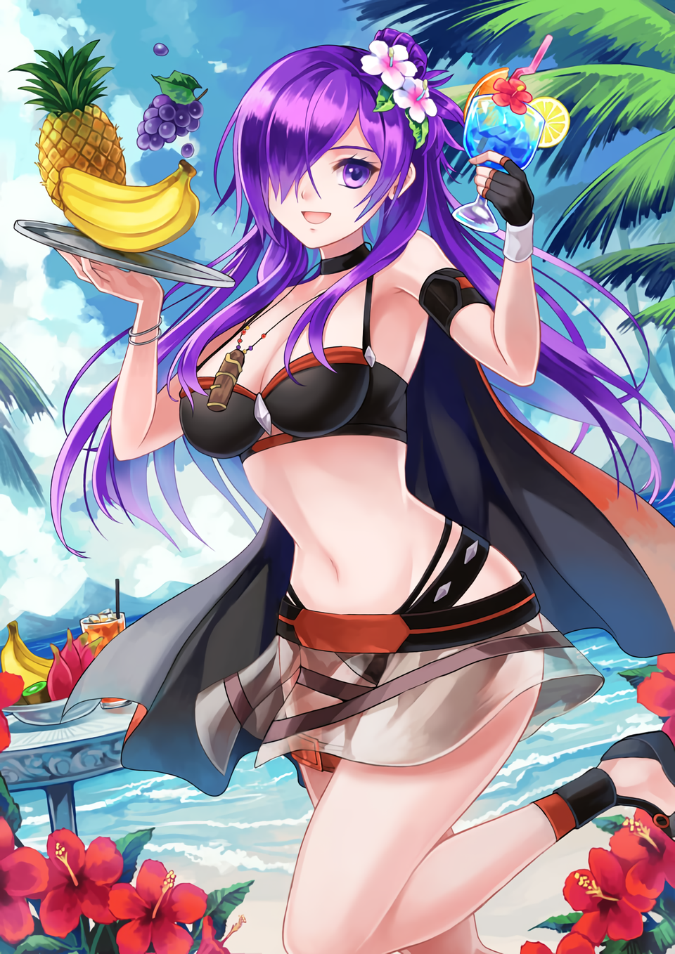 1girl 1girl :d akuru_(akr369akr) alluring banana big_breasts bikini bikini_skirt black_bikini black_cape black_choker blue_sky breasts cape choker cleavage cloud commentary_request cup day drinking_glass fire_emblem fire_emblem:_three_houses fire_emblem_heroes fire_emblem_warriors:_three_hopes flower food fruit grapes hair_flower hair_ornament hair_over_one_eye hands_up holding holding_cup long_hair looking_at_viewer navel nintendo official_alternate_costume open_mouth pineapple purple_eyes purple_hair shez_(fire_emblem) sky smile stomach swimsuit thighs very_long_hair white_flower