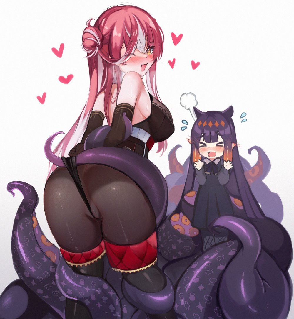 &gt;_&lt; 2_girls ;d ass bare_shoulders big_breasts black_dress black_gloves black_leotard black_pantyhose blunt_bangs blush boots bound bound_arms breasts collared_shirt colored_inner_hair commentary consensual_tentacles dress elbow_gloves gloves gradient_hair grey_pantyhose grey_shirt hair_between_eyes hair_bun headband high_heel_boots high_heels hololive hololive_english houshou_marine houshou_marine_(5th_costume) koahri leotard long_hair mole mole_under_eye multicolored_hair multiple_girls ninomae_ina'nis one_eye_closed open_mouth orange_hair pantyhose pointy_ears purple_hair red_hair shirt sidelocks smile streaked_hair tentacle tentacle_hair virtual_youtuber white_background yellow_eyes