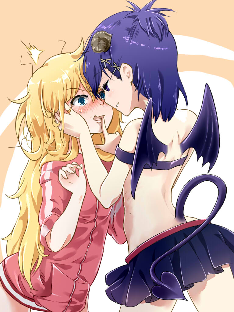 2_girls ^^^ ahoge aqua_eyes back bare_shoulders blonde_hair blue_eyes blue_hair blush demon_girl demon_horns demon_tail demon_wings female_only finger_to_another's_mouth forehead-to-forehead frown gabriel_dropout gabriel_tenma_white hair_ornament hallelujah_essaim hand_on_another's_face heads_together horns imminent_kiss jacket long_hair messy_hair miniskirt multiple_girls open_mouth parted_lips profile revision sazanka short_hair skirt strapless tail track_jacket tube_top vignette_tsukinose_april wings x_hair_ornament you_gonna_get_raped yuri