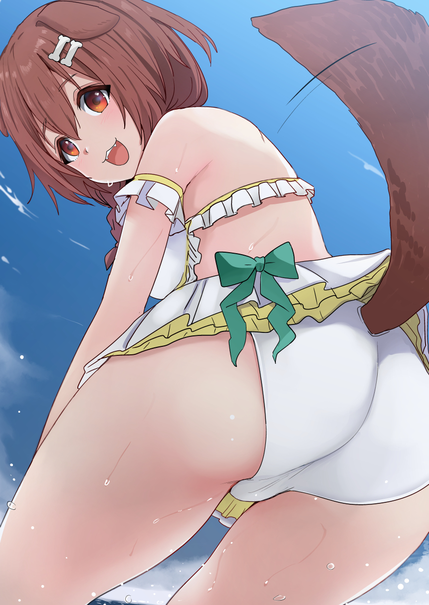1girl 1girl animal_ears ass bikini bone_hair_ornament brown_eyes brown_fur brown_hair dog_ears dog_girl dog_tail h2o_(ddks2923) hair_ornament high_res hololive impossible_clothes inugami_korone looking_at_viewer looking_back open_mouth smile swimsuit tail teeth upper_teeth_only virtual_youtuber wet