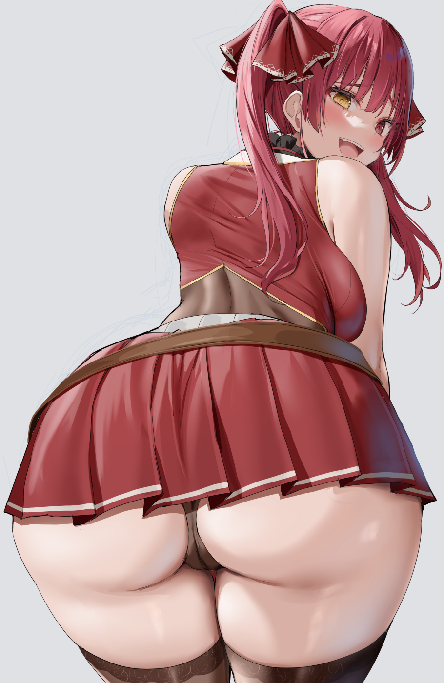 1girl 1girl ass ass_focus bare_arms bare_shoulders big_breasts black_thighhighs blush breasts commentary_request cropped_jacket from_behind grey_background hair_ornament hair_ribbon high_res hololive houshou_marine houshou_marine_(1st_costume) jacket leotard long_hair looking_at_viewer looking_back oekakizuki open_mouth pleated_skirt red_eyes red_jacket red_ribbon red_skirt ribbon simple_background skirt sleeveless sleeveless_jacket smile stockings thighs twin_tails underbutt virtual_youtuber yellow_eyes
