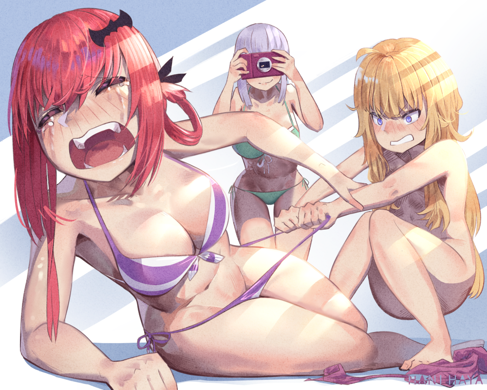 3_girls arm_support artist_name barefoot bat_hair_ornament big_breasts bikini blonde_hair blue_eyes blush breasts camera cleavage clenched_teeth closed_eyes closed_mouth crying derivative_work female_only furrowed_brow gabriel_dropout gabriel_tenma_white green_bikini groin hair_ornament hair_rings hani_haya holding holding_camera kneel knees_together_feet_apart legs_together light_purple_hair long_hair looking_at_another lying multiple_girls navel nose_blush nude on_side open_mouth purple_bikini raphiel_shiraha_ainsworth red_hair satanichia_kurumizawa_mcdowell screencap_redraw side-tie_bikini_bottom sidelocks smile smirk smug squatting swimsuit taking_picture tears teeth thigh_gap undressing_another v-shaped_eyebrows very_long_hair