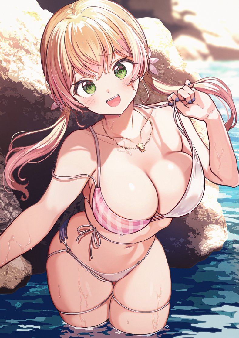 1girl 1girl big_breasts bikini blind breasts commentary_request flower green_eyes hair_flower hair_ornament hololive jewelry looking_at_viewer low_twintails momosuzu_nene multicolored_bikini multicolored_clothes nail_polish navel necklace nishizawa open_mouth partial_commentary pink_bikini purple_nails rock skindentation smile striped striped_bikini swimsuit teeth twin_tails upper_teeth_only virtual_youtuber wet white_bikini