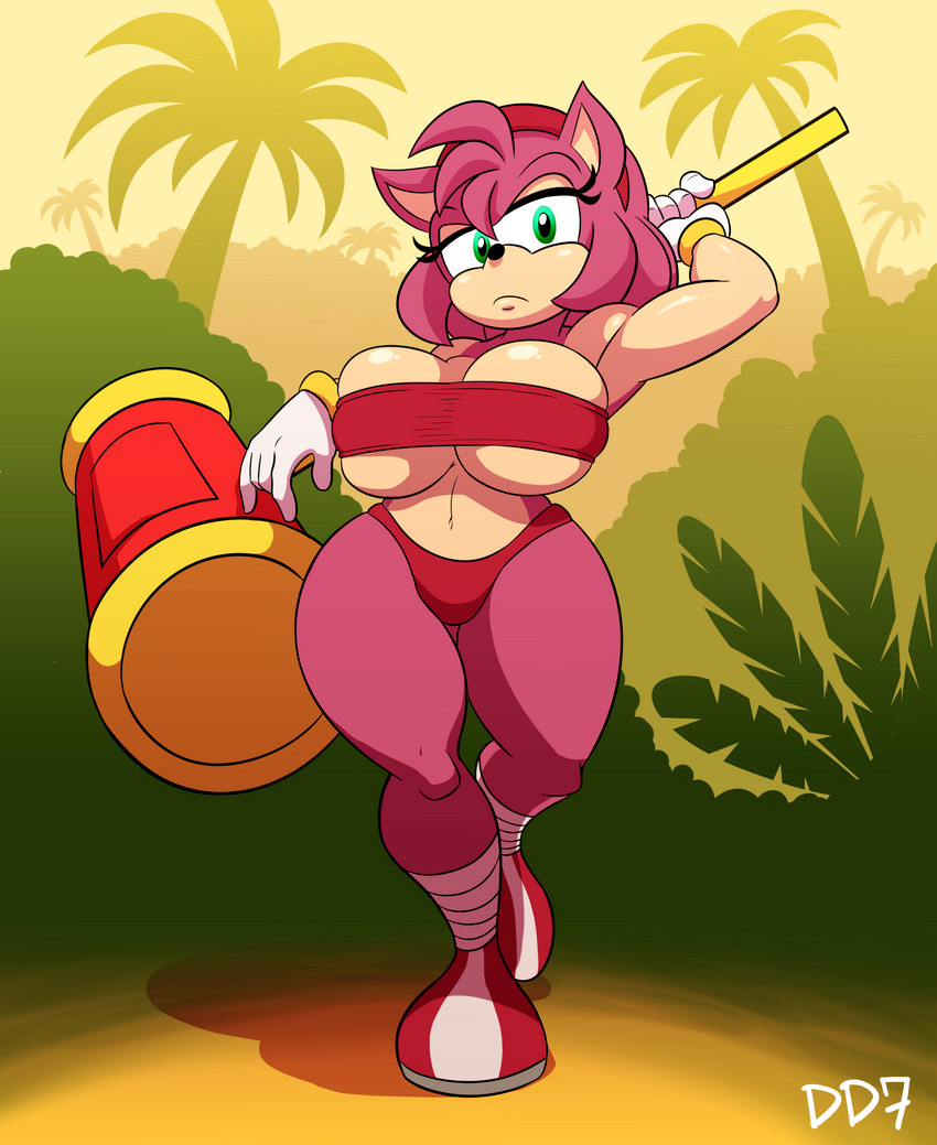 1girl 1girl 2018 amazon amy_rose anthro big_breasts blush breasts clothing curvy_figure daredemon7000 eulipotyphlan eyelashes furry gloves green_eyes hair hammer handwear hedgehog high_res huge_breasts mammal melee_weapon piko_piko_hammer pink_hair sonic_the_hedgehog_(series) thick_thighs tools voluptuous weapon wide_hips