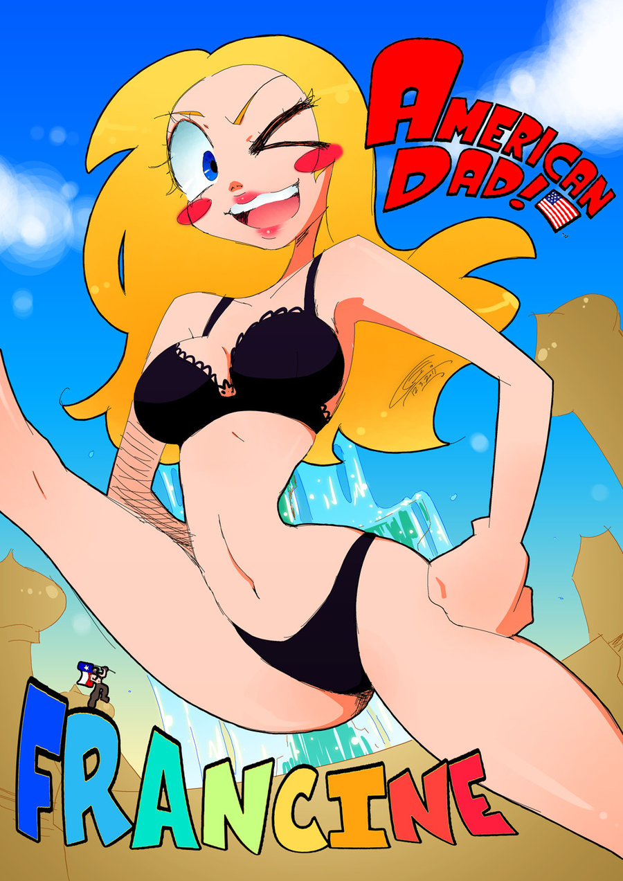 american_dad blonde_hair blue_eyes blush breasts cleavage francine_smith iopichio lipstick long_hair milf shiny shiny_skin smile solo text