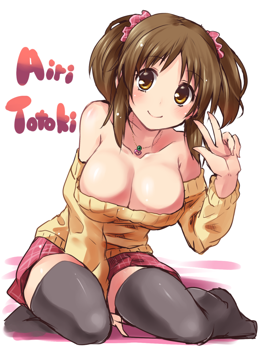 1_girl arm arm_support arms art babe bare_shoulders big_breasts black_legwear black_thighhighs blush breasts brown_eyes brown_hair character_name cleavage female high_res idolmaster legs long_sleeves looking_at_viewer off-shoulder_sweater off_shoulder paopao scrunchie shiny shiny_hair shiny_skin short_hair sitting skirt smile solo stockings sweater totoki_airi twin_tails v wariza